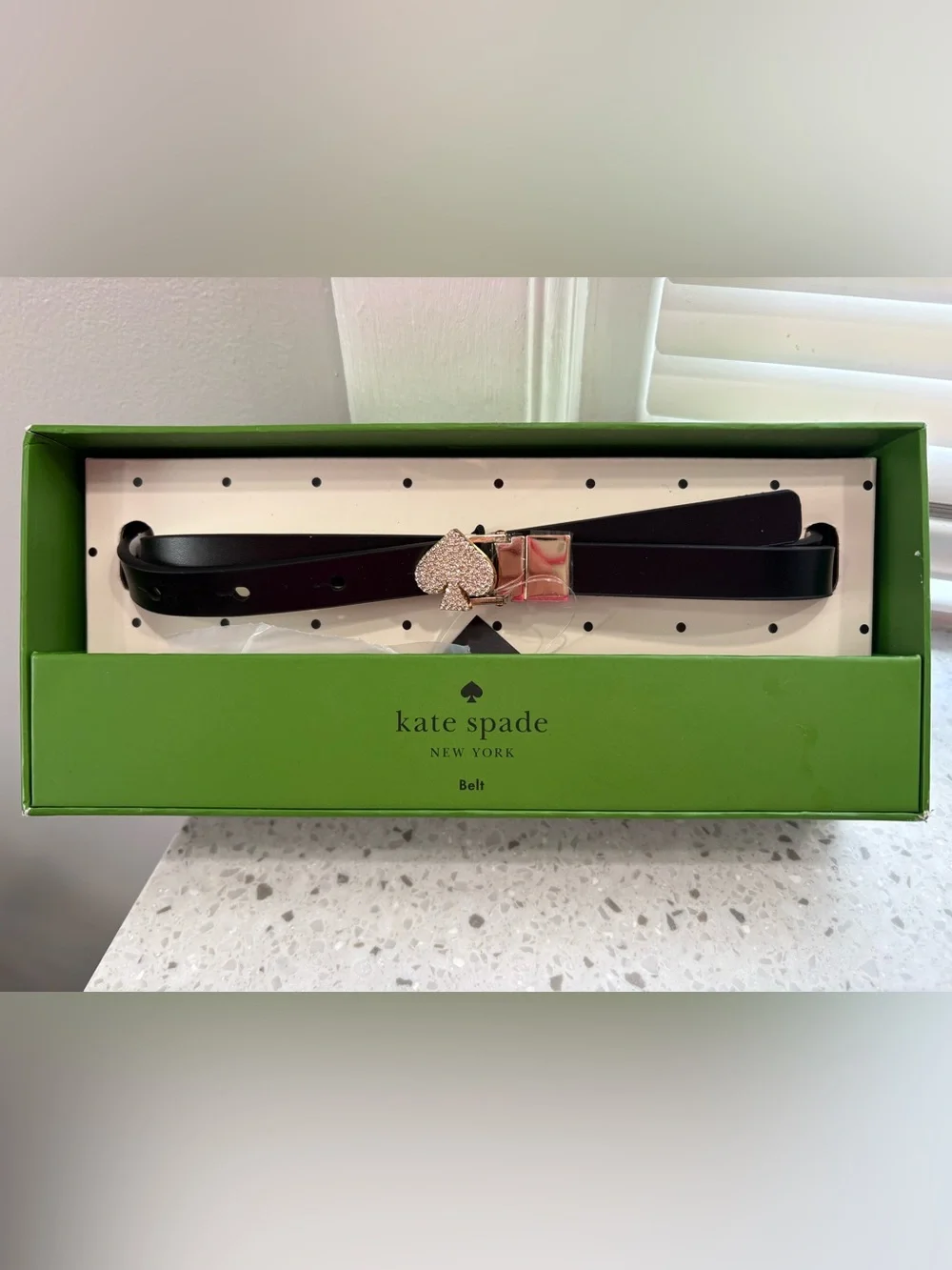 NEW kate spade Black Leather Belt with Gold Pave Spade Buckle Accent- S/M